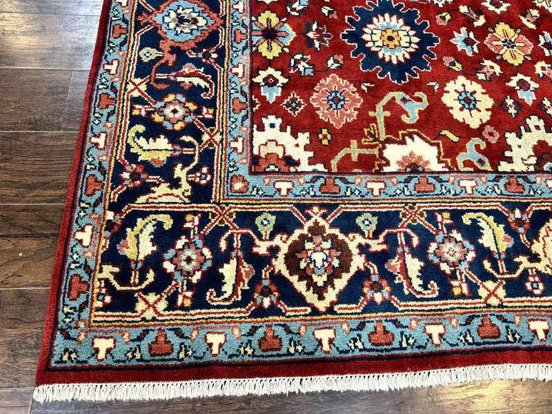 Indo Heriz Rug 8x10, Red and Navy Blue, Allover Pattern, Wool Handmade Carpet by Jewel Rugs
