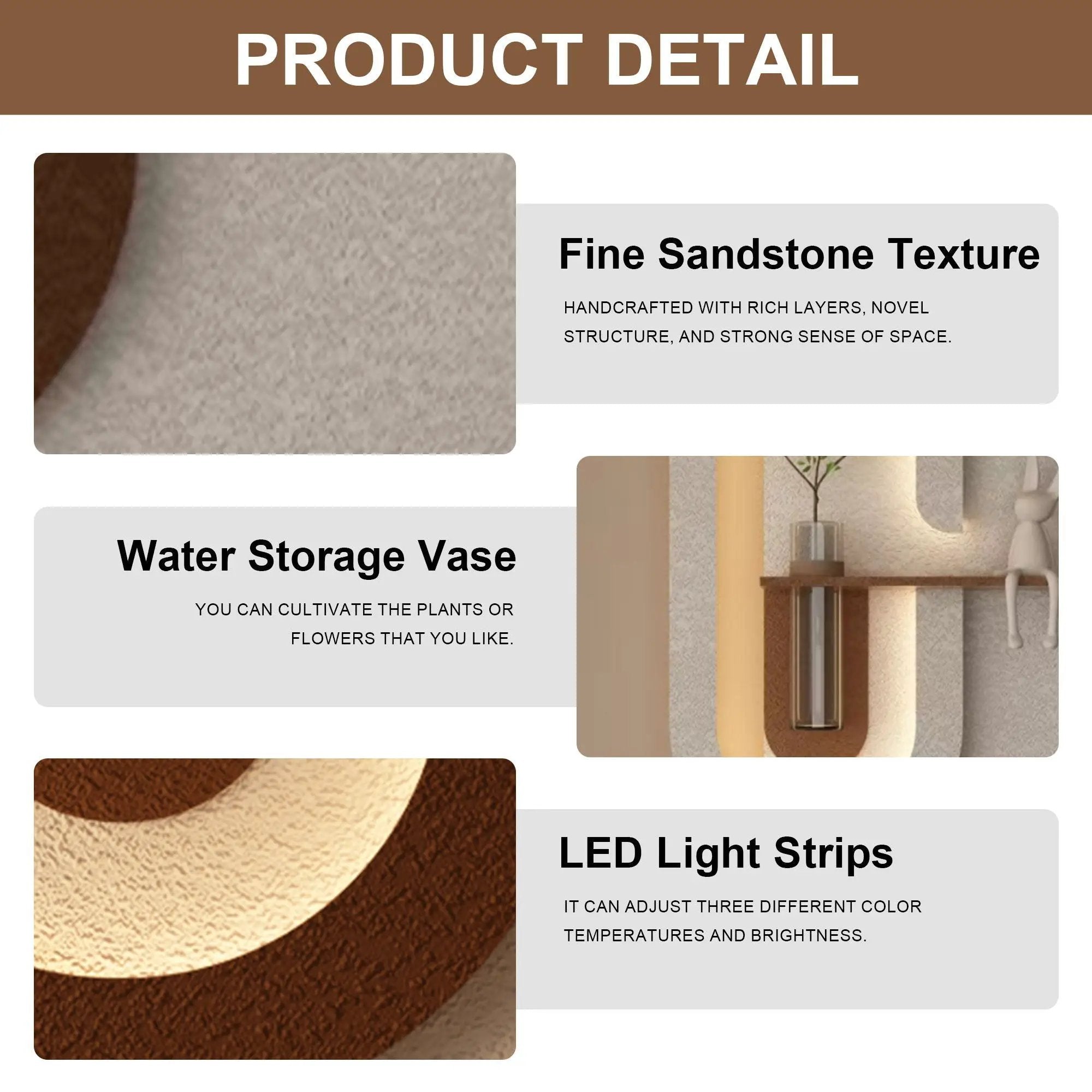 Adjustable LED Sandstone Wall Decor With Simulated Plants 3D Art Sculpture, Glass Vase & Rabbit Statue, Remote Control - Light Coffee by HouseOfZazla