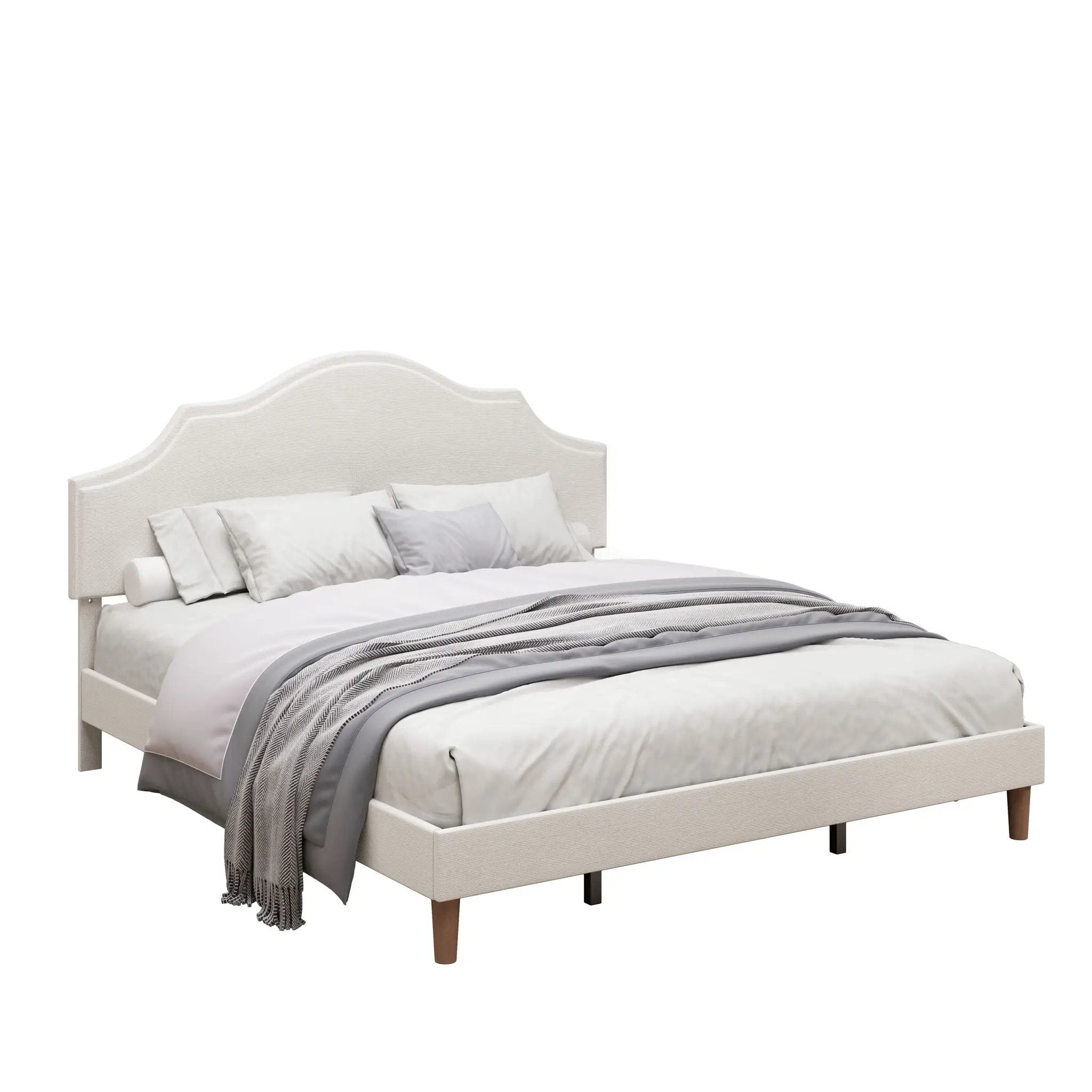 King Size, Upholstered Platform Bed Frame With Adjustable Headboard, No Box Spring Needed - White by HouseOfZazla