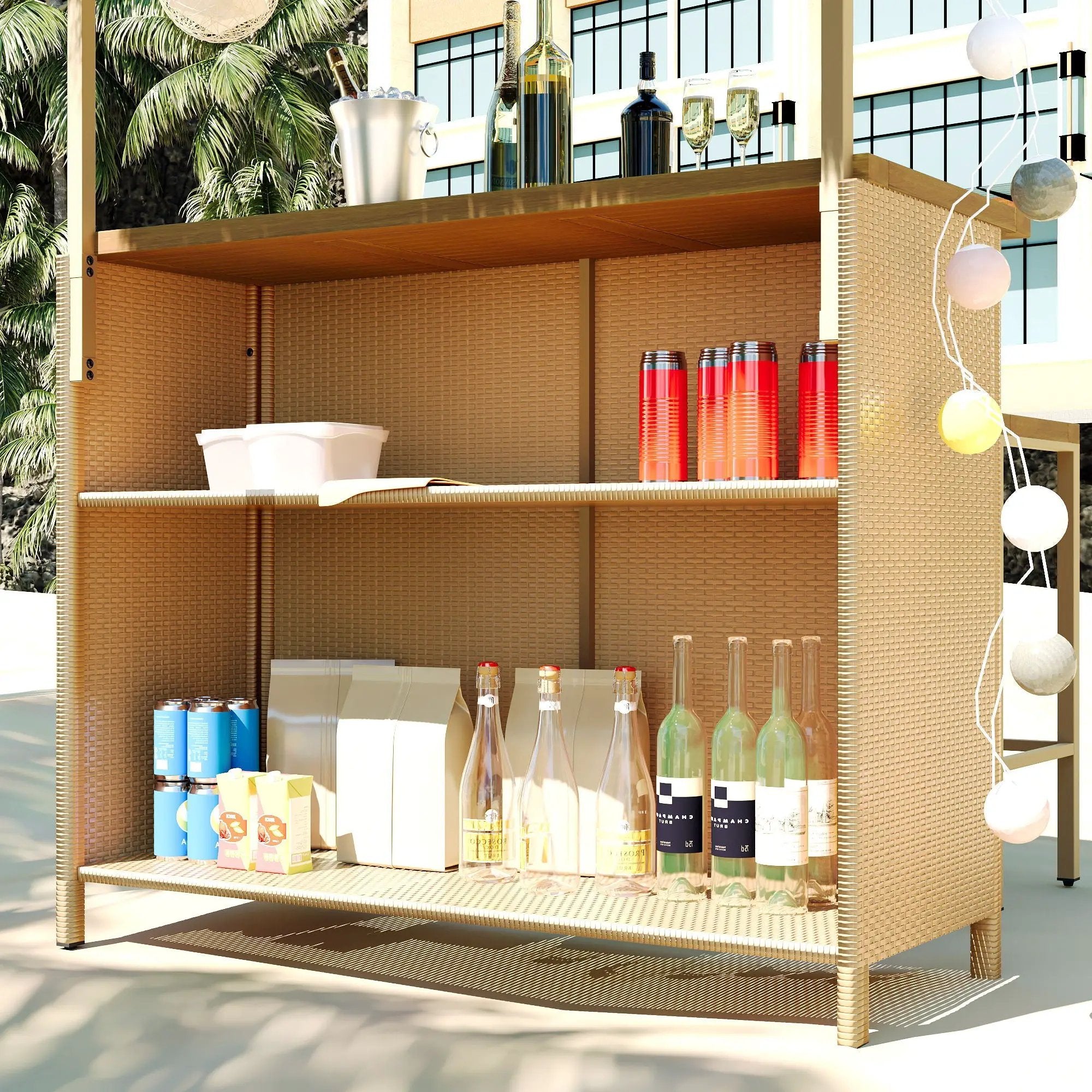 Hawaiian-Style Bar Height Patio Set With PE Grass Canopy, Outdoor Bar Table And Stools With Adjustable Feet, Acacia Wood Top, For Dining And Drinking - Natural by Unique Piece Furniture