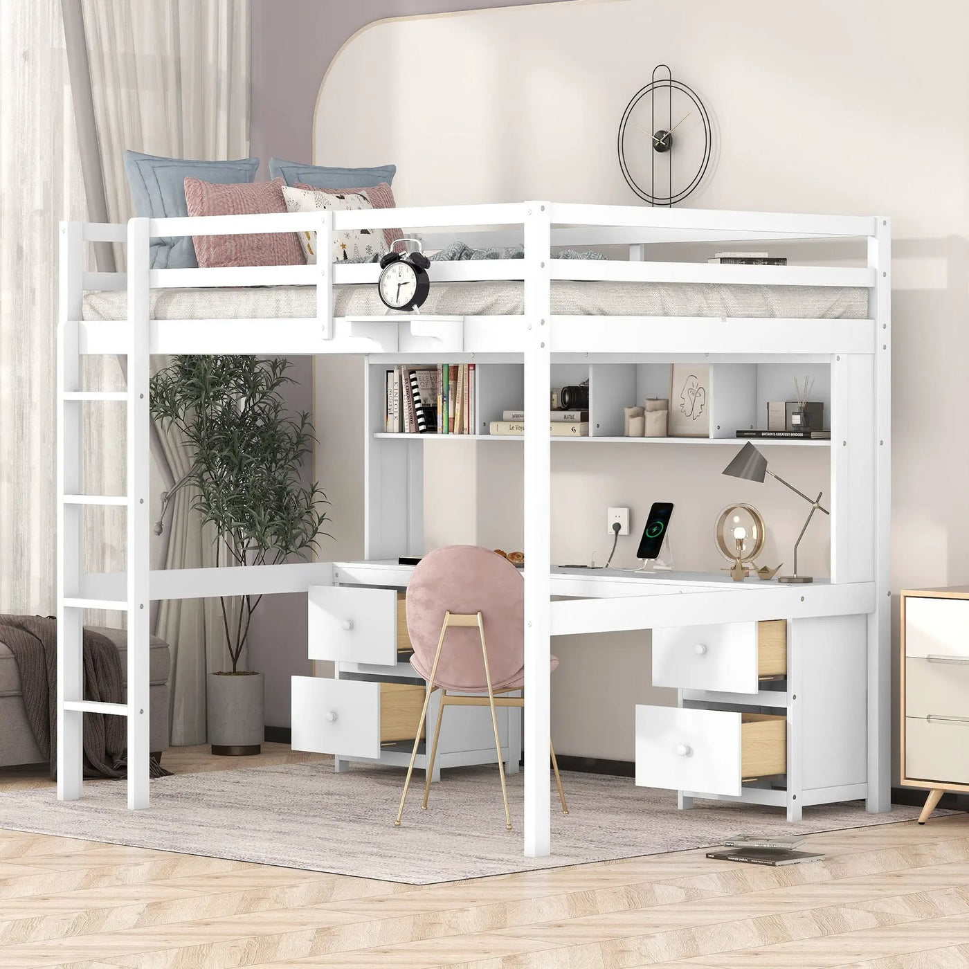 Loft Bed With Desk, Cabinets, Drawers, Charging Station And Bedside Tray by HouseOfZazla