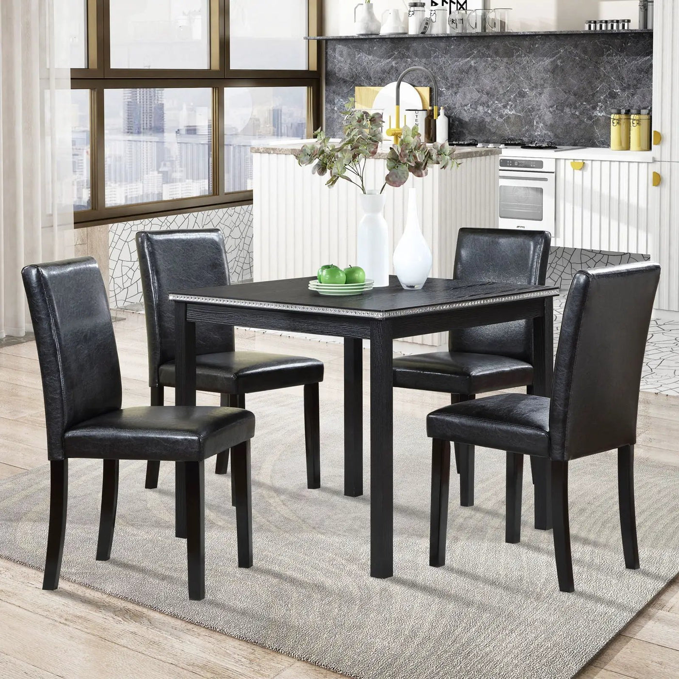 5 Pieces Wooden Dining Table Set, Square Table And 4 Upholstered Chairs by HouseOfZazla