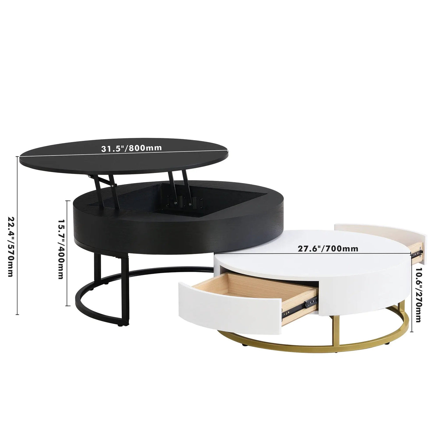 Modern Round Lift-Top Nesting Coffee Tables With 2 Drawers by HouseOfZazla