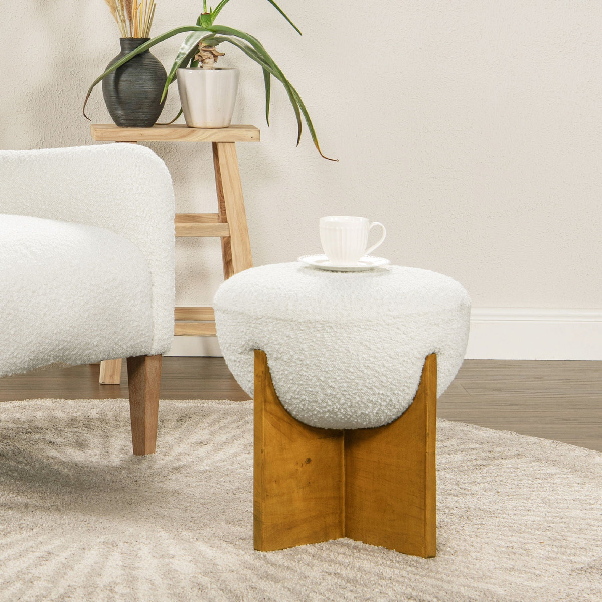 Round Upholstered Ottoman with Handmade Artisanal Quality - White, photo 2 of 12