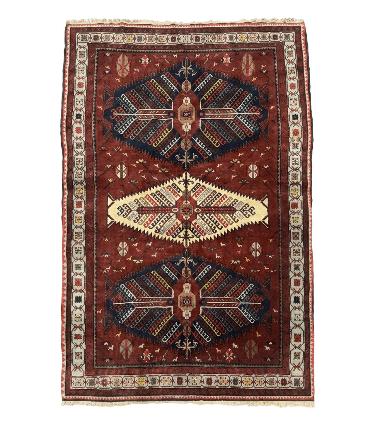 Antique Persian Tribal Rug 5 x 7.8, Triple Medallions, Red, Persian Afshar Rug by Jewel Rugs