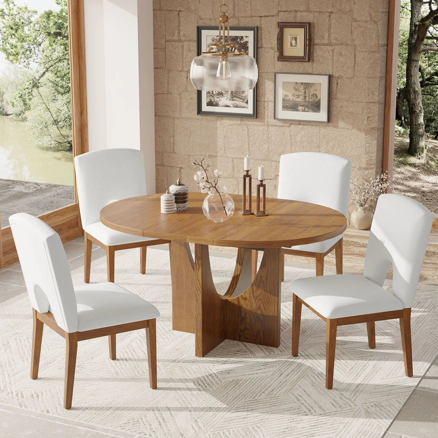 Topmax - 5 Piece Modern Extendable Round Dining Table Set With Removable Leaf For Small Places by Unique Piece Furniture