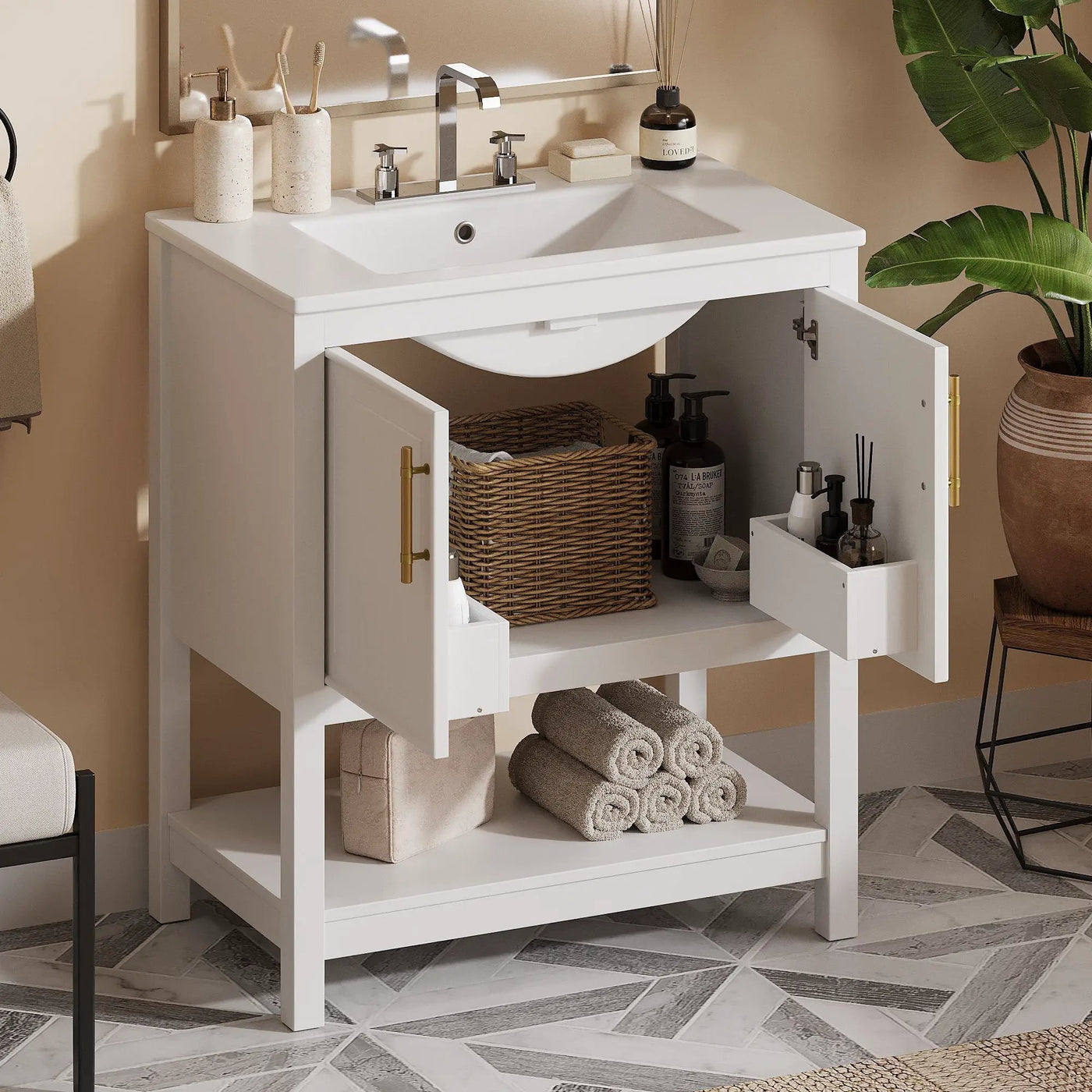 Elegant Bathroom Vanity With Ceramic Sink And Versatile Storage by HouseOfZazla