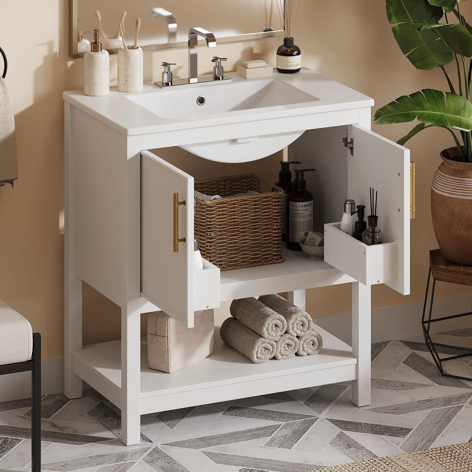 Elegant Bathroom Vanity With Ceramic Sink And Versatile Storage by HouseOfZazla