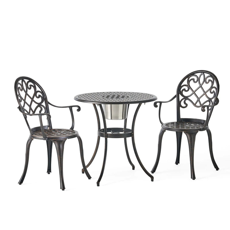 3 Piece Outdoor Aluminium Cast Bistro Set With Ice Bucket - Copper by HouseOfZazla