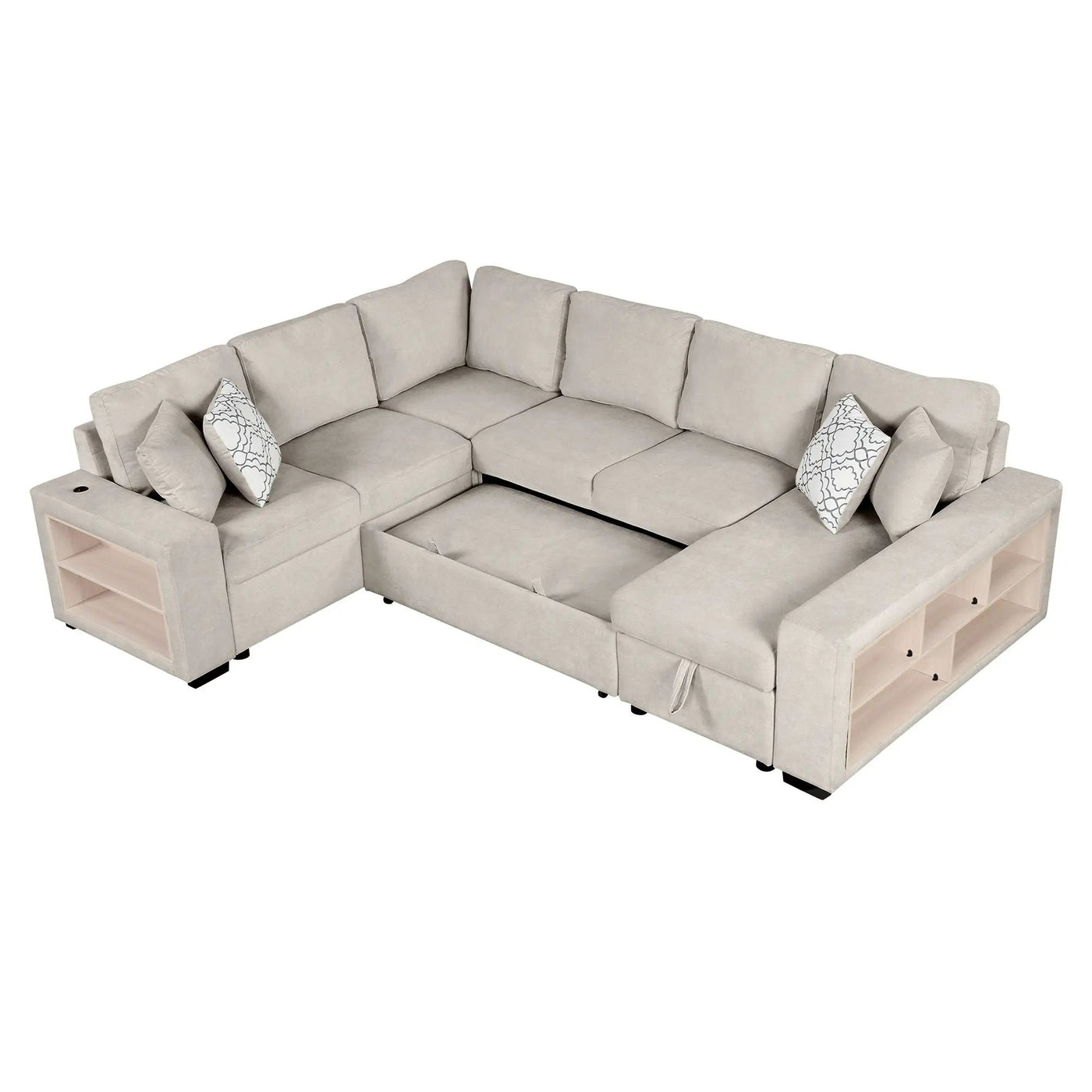 U-Shaped Sectional Sofa Pull-Out Sofa Bed With Two USB Ports, A Storage Chaise Lounge And Four Back Pillows For Living Room by HouseOfZazla