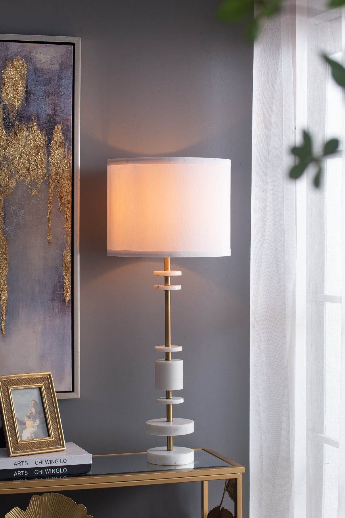 White Marble Table Lamp with Brass Frame and Drum Shade - White, photo 10 of 10