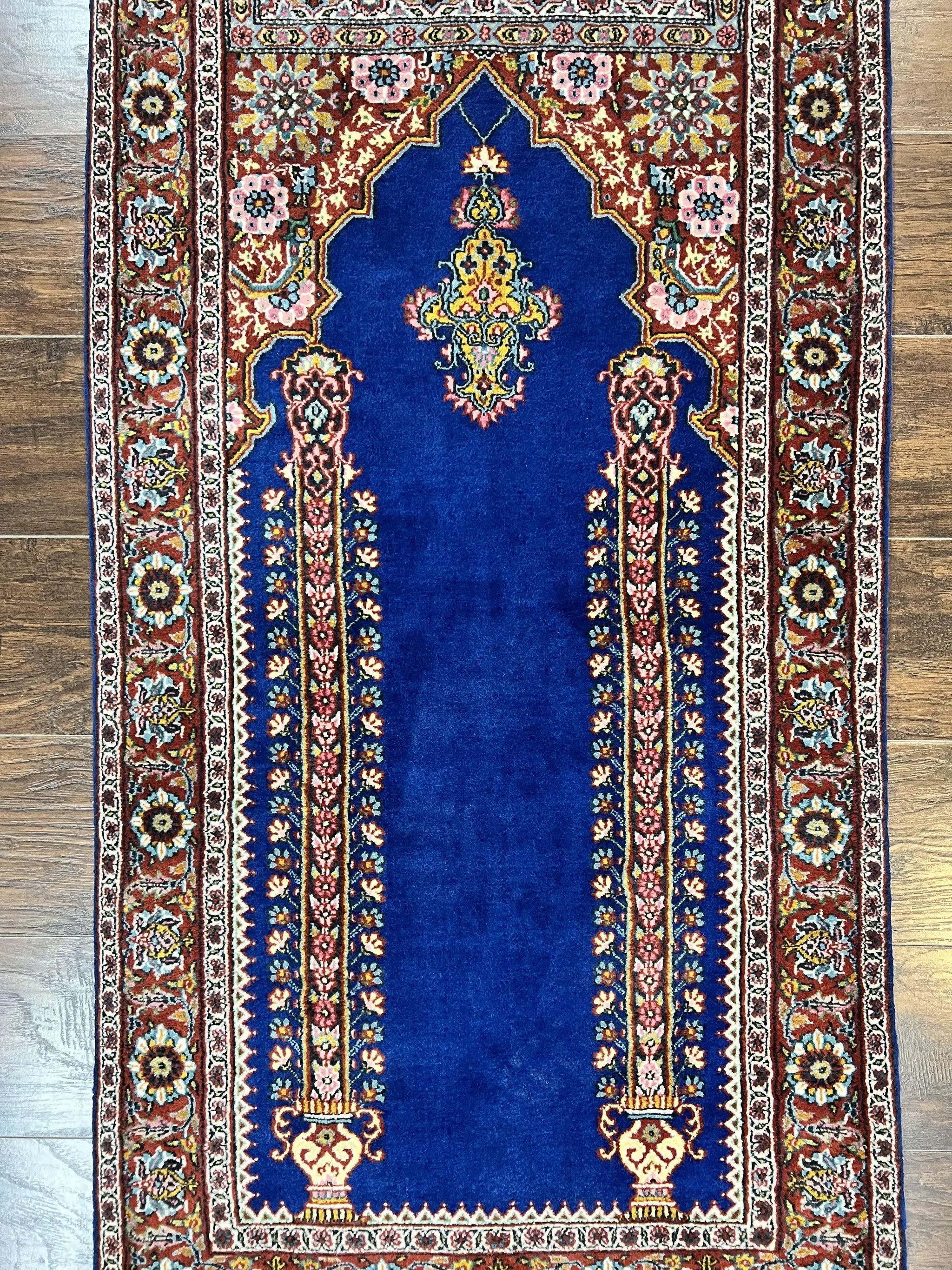 Indo Persian Prayer Rug 3x5, Fine Oriental Carpet, Dark Blue and Red, Vintage Hand Knotted Handmade Prayer Rug by Jewel Rugs