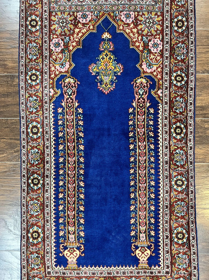Indo Persian Prayer Rug 3x5, Fine Oriental Carpet, Dark Blue and Red, Vintage Hand Knotted Handmade Prayer Rug by Jewel Rugs
