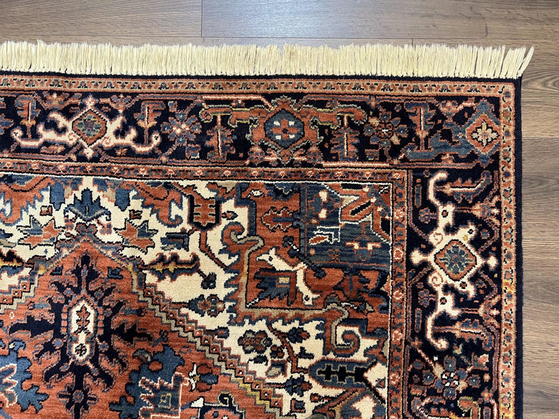 Heriz Rug 5.6 x 8, Geometric Medallion, Wool Oriental Carpet, Tribal Boho Rug, Red Navy Blue Cream, Belgium Power Loomed Rug, Medium Sized by Jewel Rugs