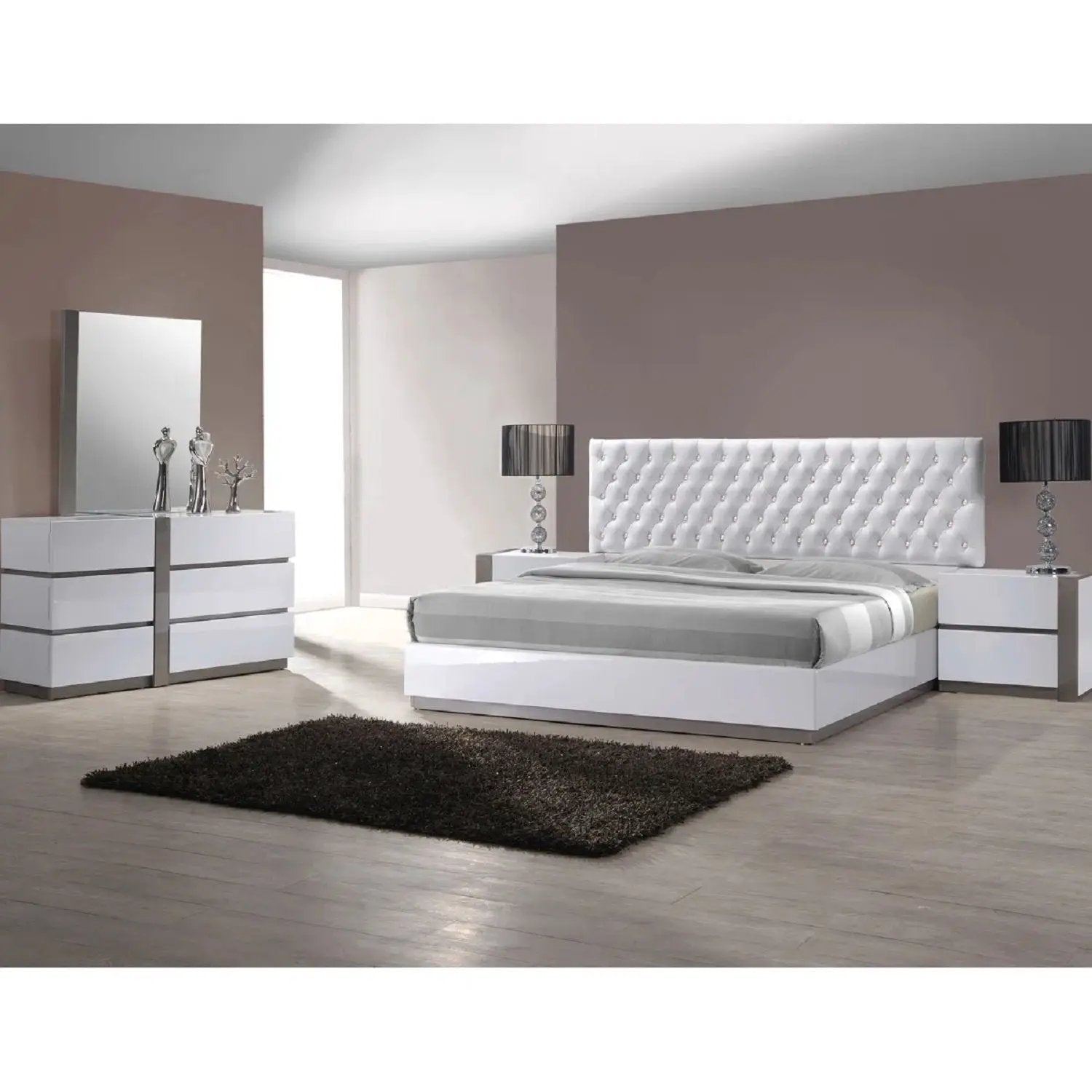 Nightstand Bedside Table With 2 Drawer For Bedroom - White / Silver by Unique Piece Furniture