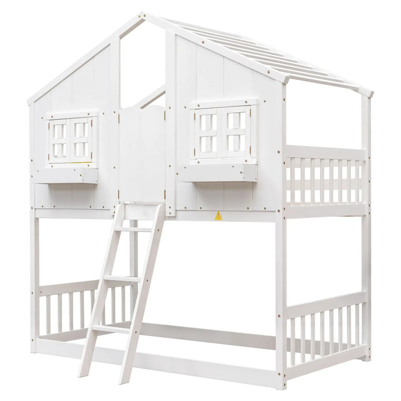 House Bunk Bed With Roof, Window, Window Box, Door, With Safety Guardrails And Ladder by Unique Piece Furniture
