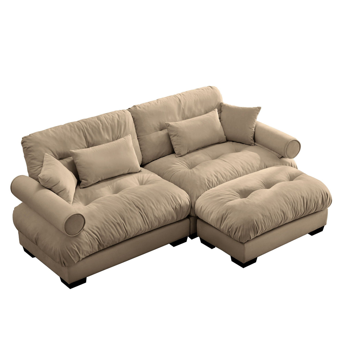 Modern Sectional Sofa With Ottoman, Round Bolster Armrests, Waist And Throw Pillows, photo 30 of 35