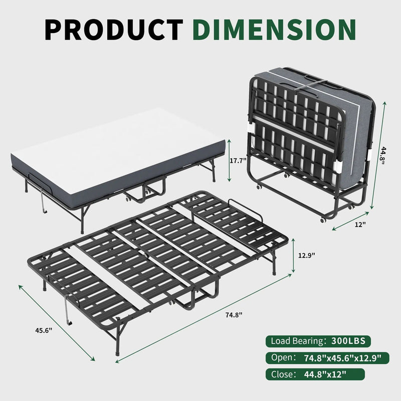 Twin Wide Folding Bed For Tall People, Extra Long & Wide Rollaway With Memory Foam, Heavy-Duty Capacity Guest, Spacious Portable Cot - Black by Unique Piece Furniture