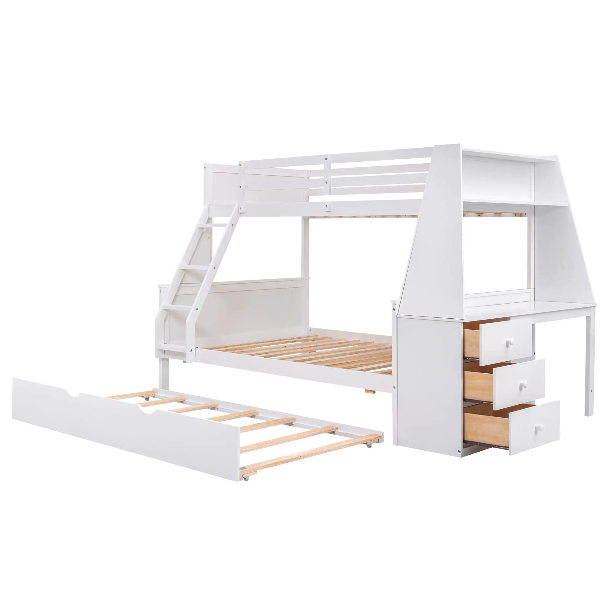 Bunk Bed With Trundle And Built In Desk, 3 Storage Drawers And Shelf by HouseOfZazla