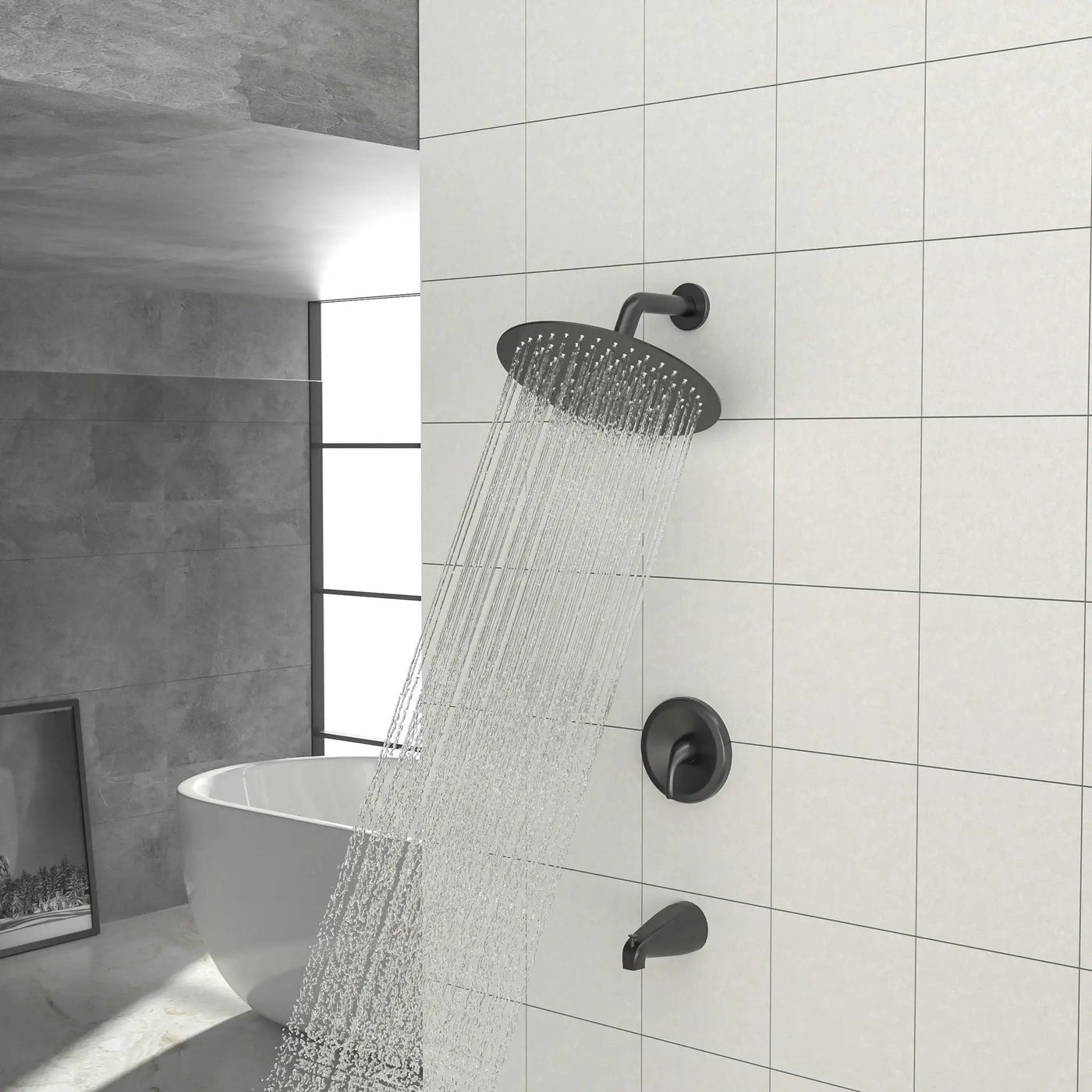 10" Round Rain Shower Head System With Waterfall Tub Spout, Wall Mounted, Stainless Steel by HouseOfZazla