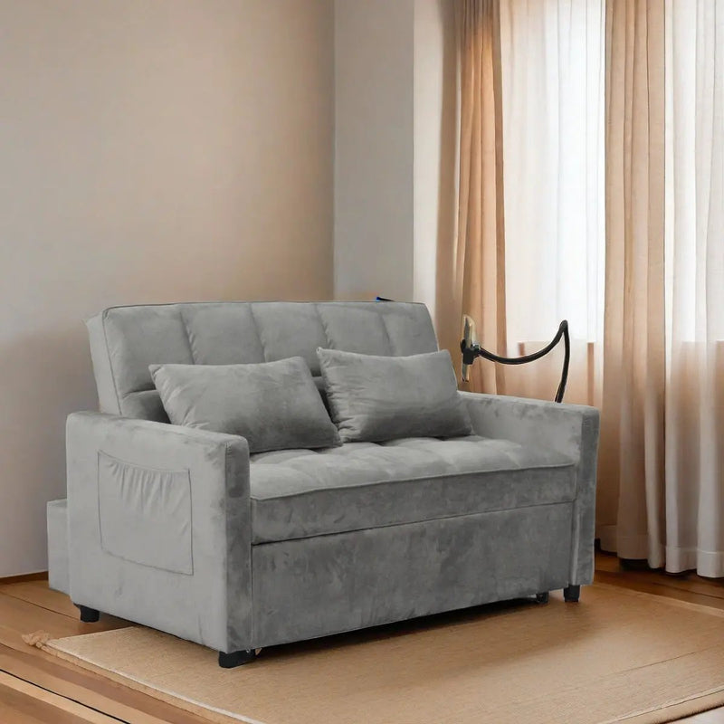 3 In 1 Convertible Sleeper Sofa Bed, Modern Fabric Futon Sofa Couch Pullout Bed, Adjustable Backrest With Three USB Ports, Two Side Pockets, Two Cup Holders And Swivel Phone Holder by Unique Piece Furniture