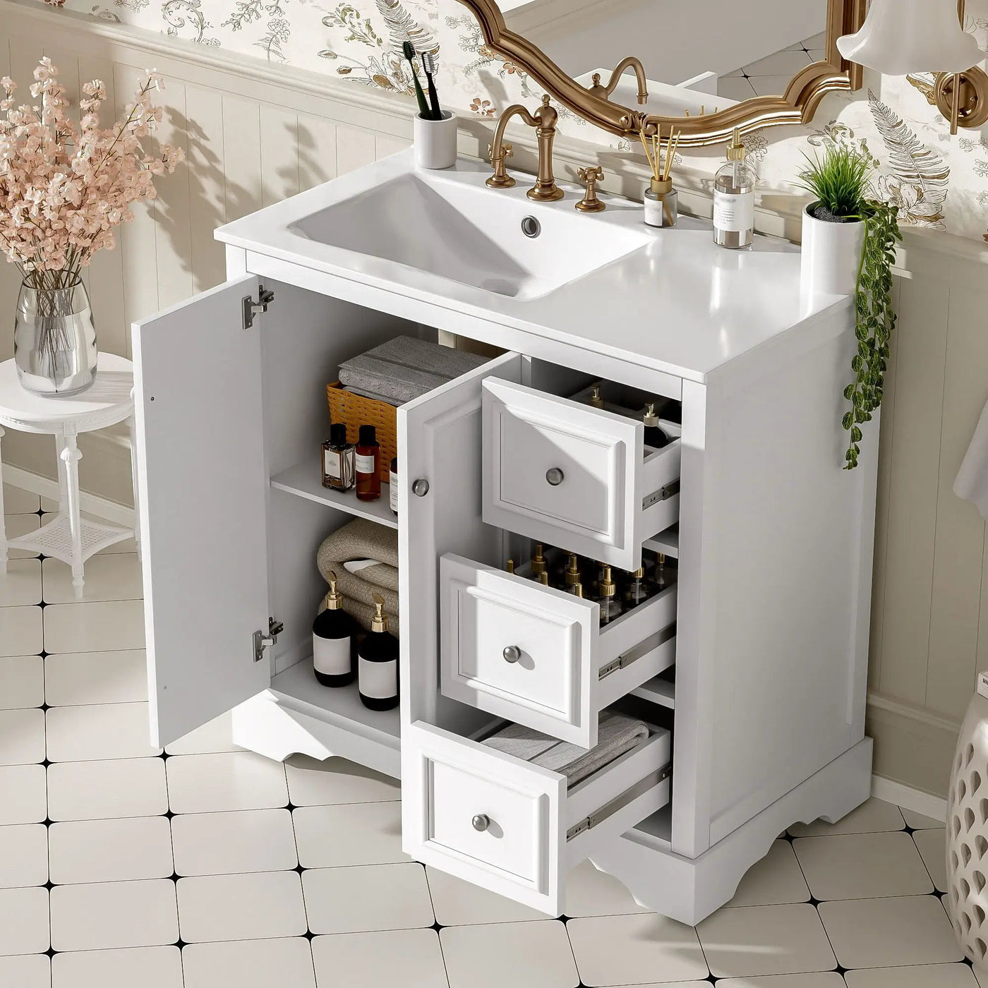 Bathroom Vanity With Sink, Soft-Close Doors, Adjustable U-Shelf, 3 Drawers by Unique Piece Furniture