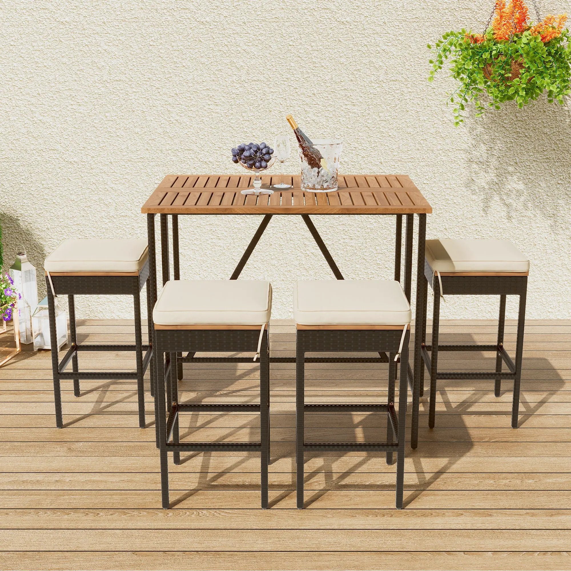 Outdoor Acacia Wood Bar Height Table And Eight Stools With Cushions by Unique Piece Furniture