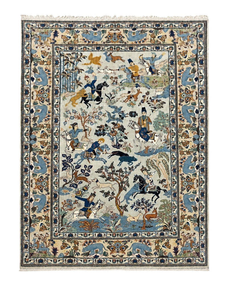 Persian Kashan Pictorial Rug 4.6 x 7, Hunting Scene, Signed by Masterweaver, Animal Pictorials, Rare, Handmade, Wool, Vintage, Very Fine by Jewel Rugs