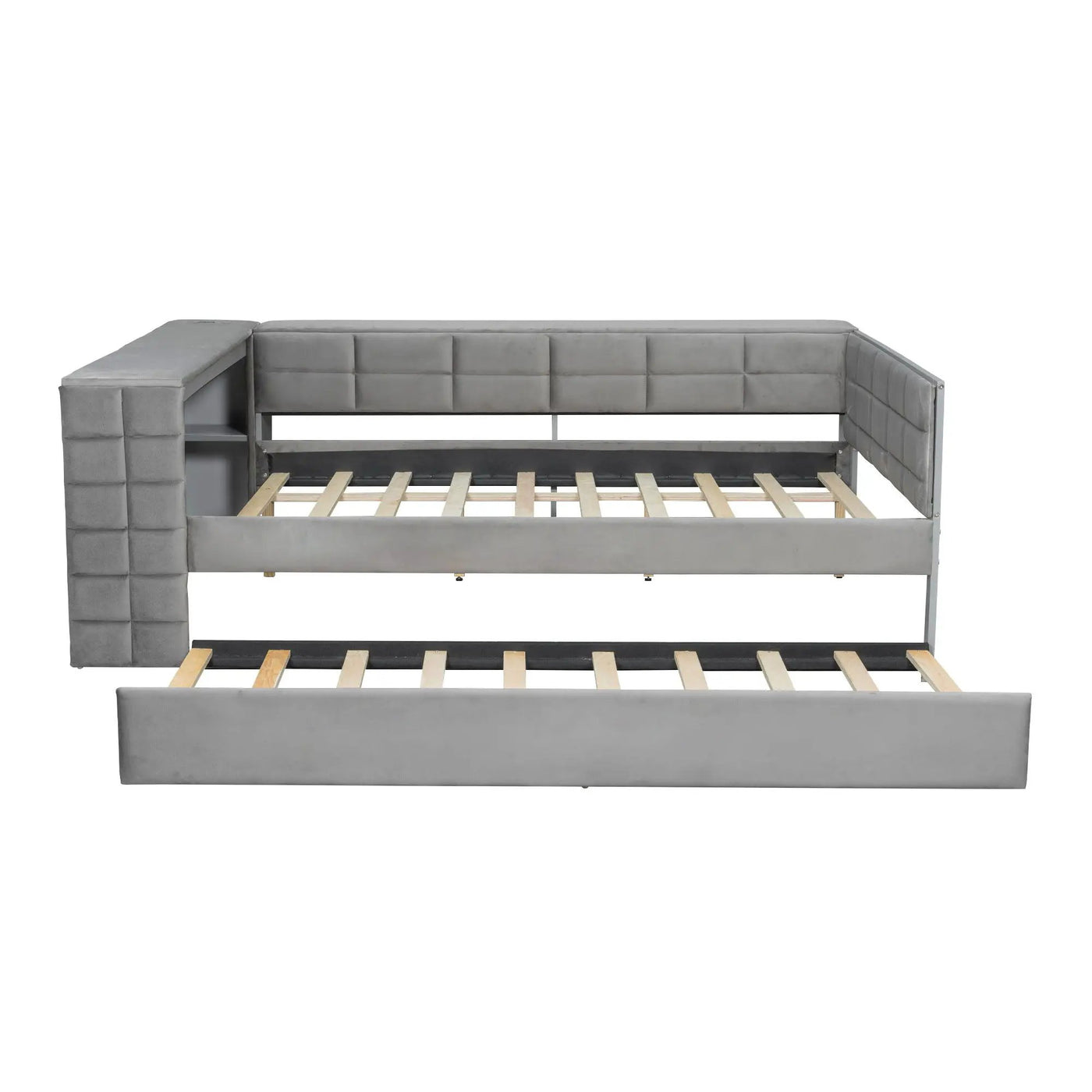 Upholstered Platform Bed With Storage Shelves, Desk, Charging Station And Trundle by HouseOfZazla