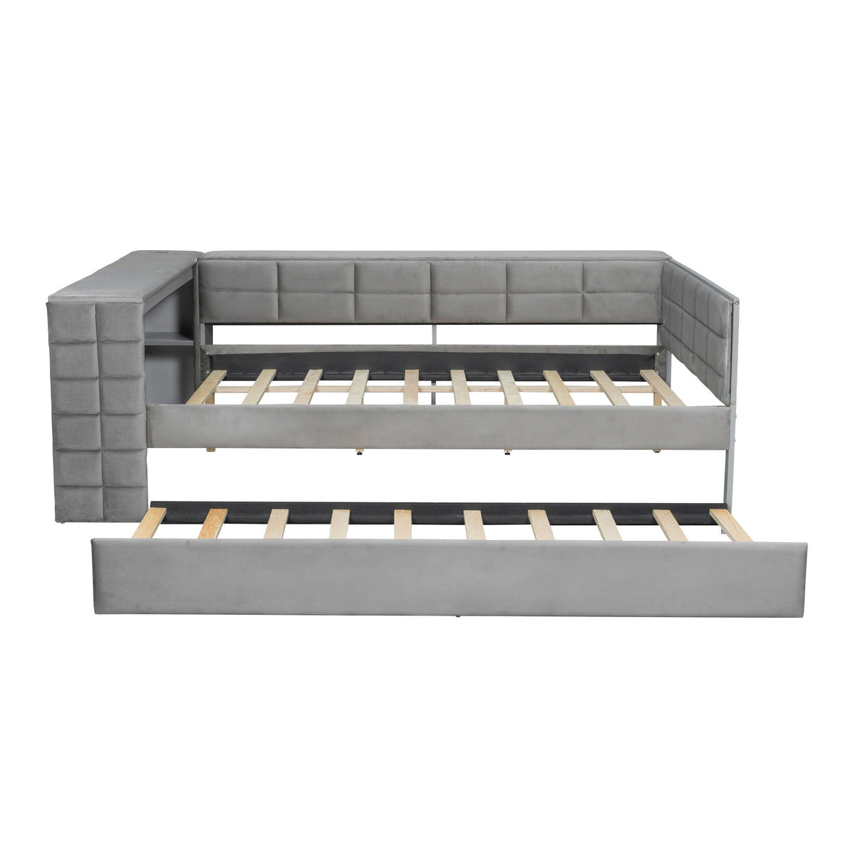 Upholstered Platform Bed with Storage Shelves, Desk, Charging Station and Trundle - Full, photo 2 of 29