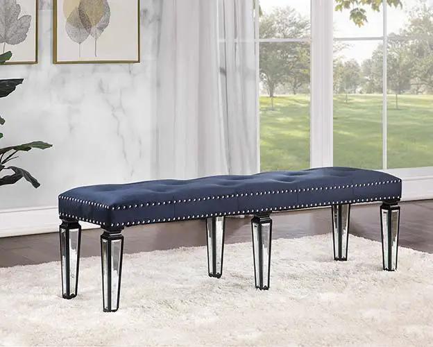 Varian II - Bench - Mirrored, Dark Navy Velvet & Black & Sliver by Unique Piece Furniture