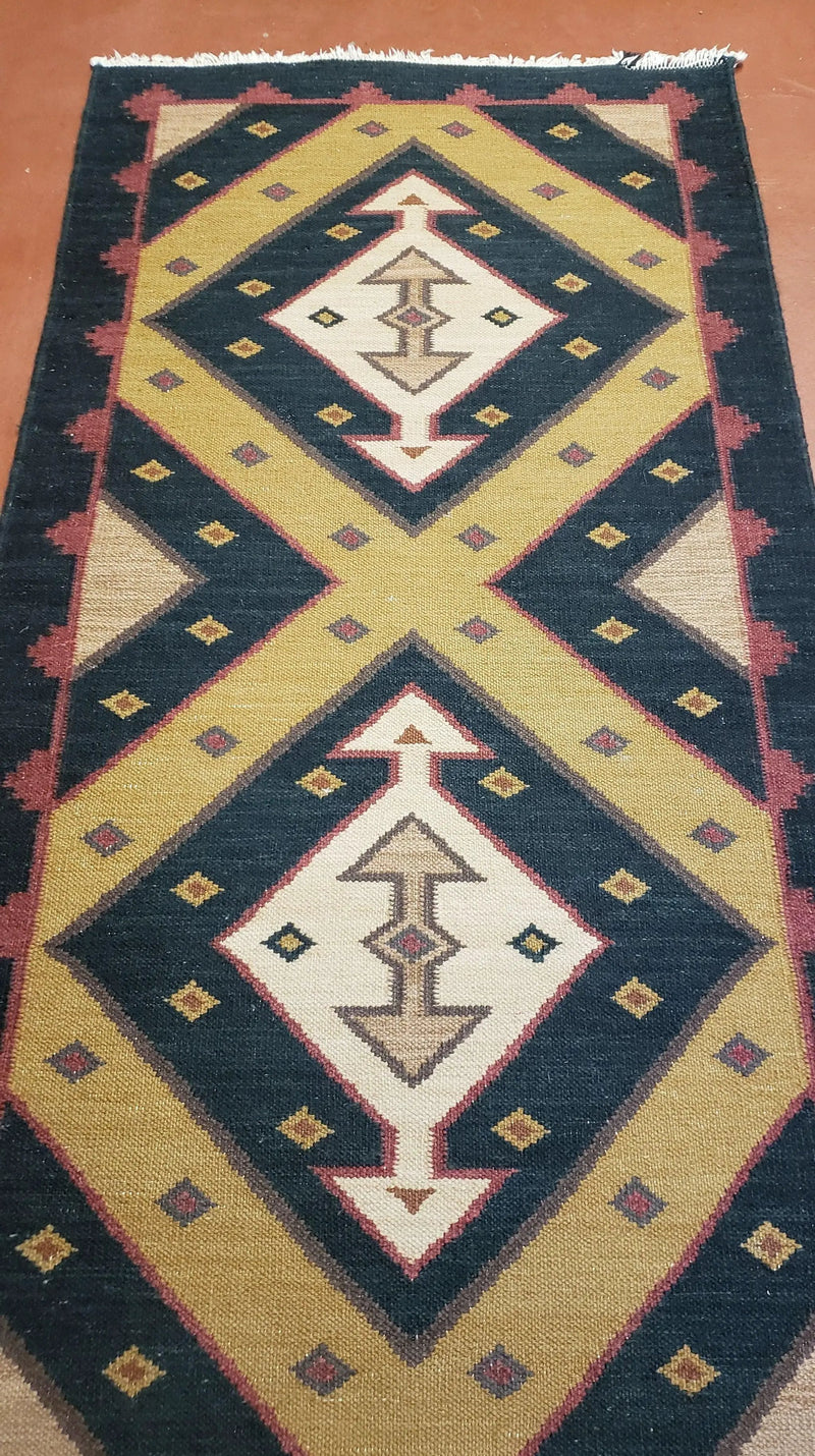 Vintage Indian Kilim Runner Rug, Geometric Flatweave Hand-Knotted Wool Kitchen Hallway Runner, Black Gold & Beige, 2' 8" x 9' 9" by Jewel Rugs
