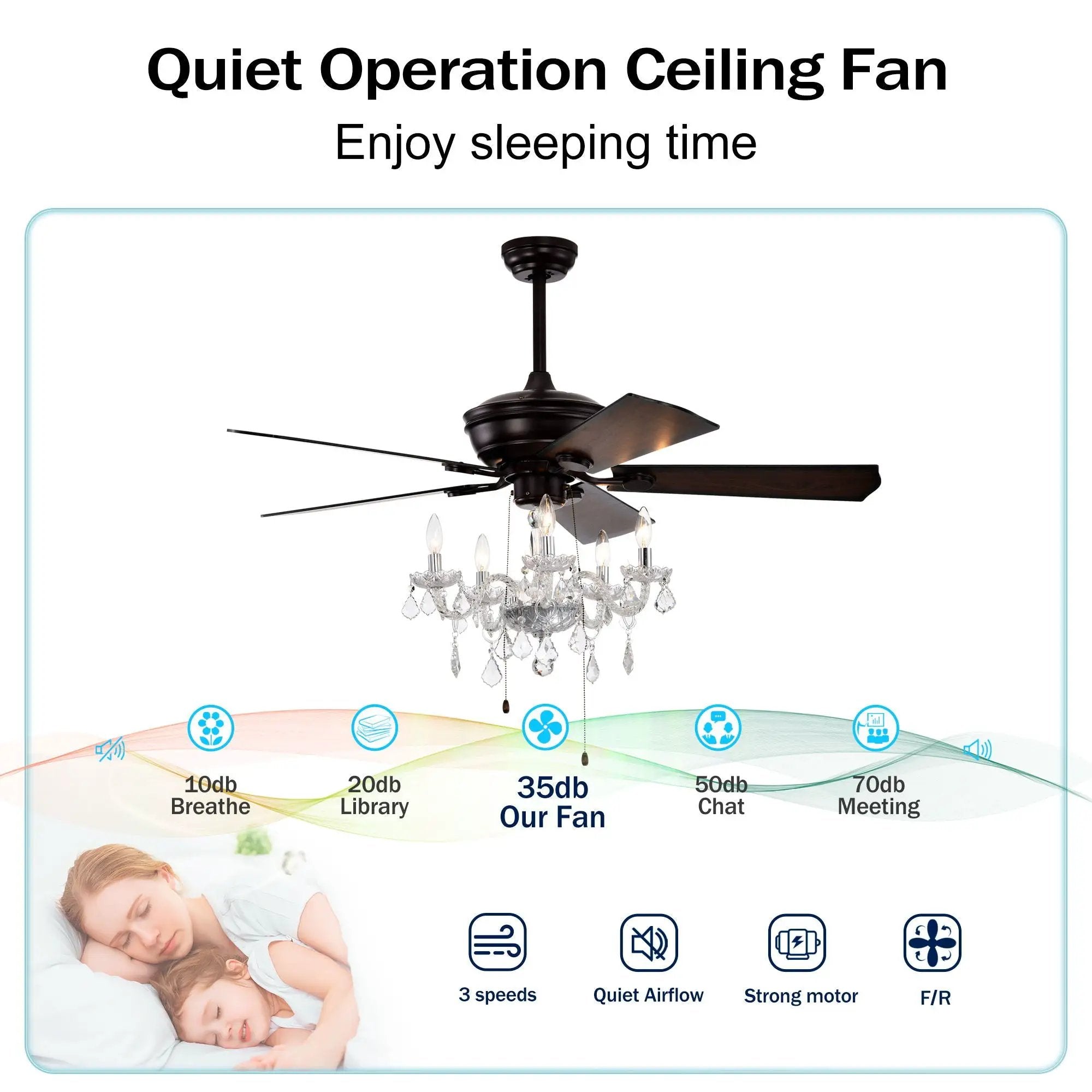 52" Crystal Shade Ceiling Fan Lamp, 3 Speed, 4 Timing, 5 Reversible Blades Crystal Ceiling Fan, 5 Pieces X E12 (No Include Bulb), Hand Pull Chain - Matte Black by HouseOfZazla