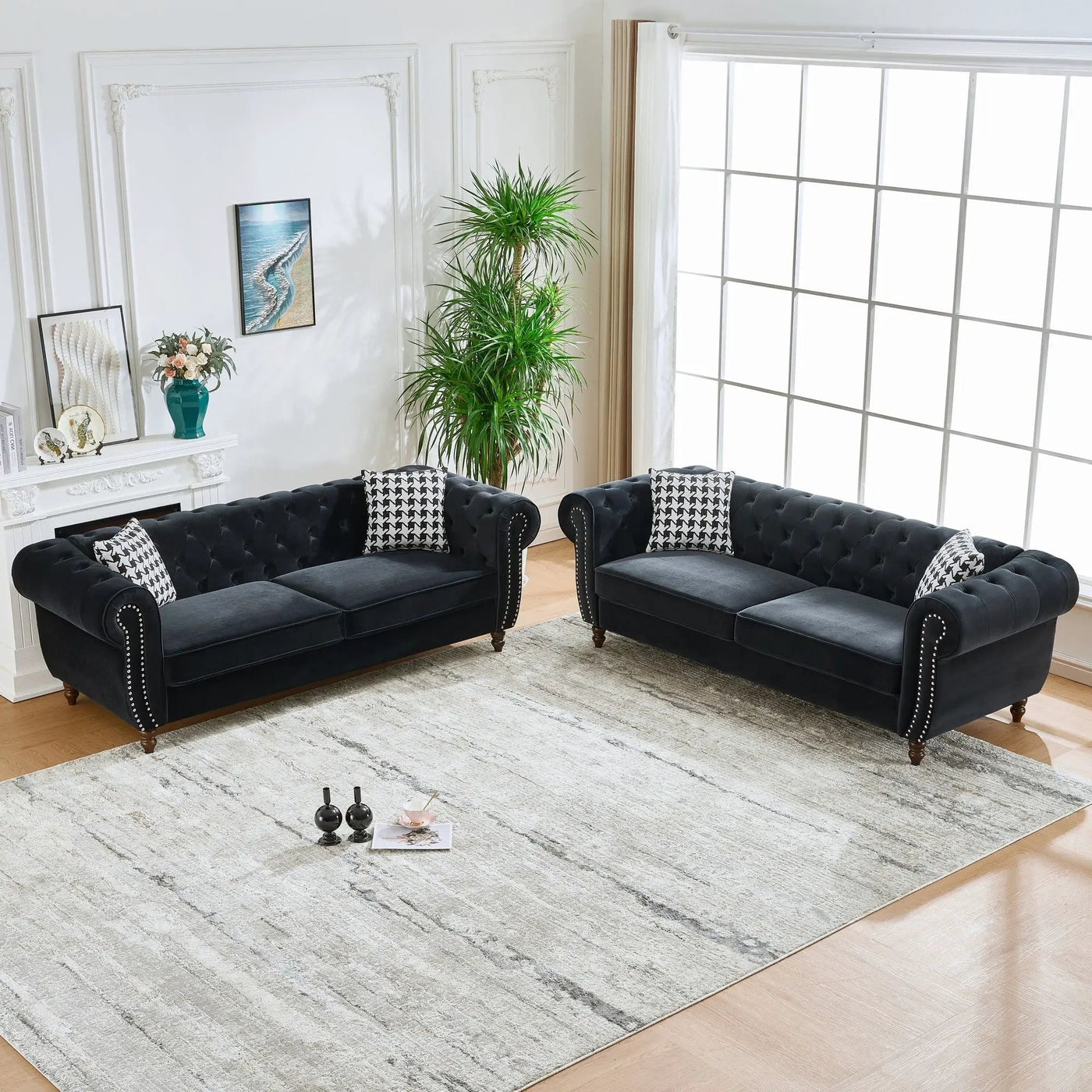 Chesterfield Upholstery Fabric Sofa With Roll Armrest & Nailhead, Mid Century Modern 3 And 3 Seater Couch by Unique Piece Furniture