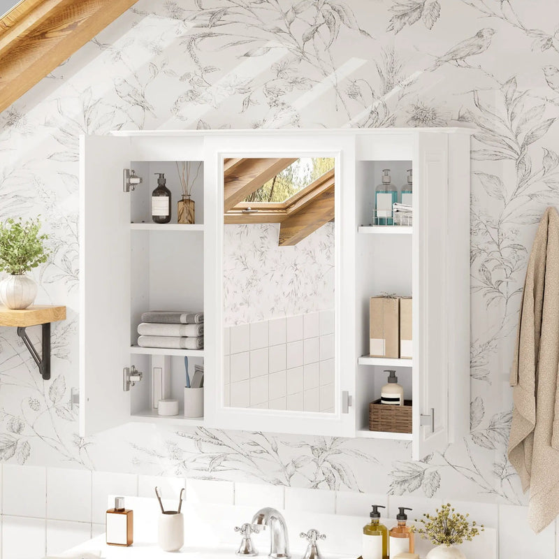 Wall Mounted Mirror Cabinet With 5 Adjustable Shelves, Rectangular Storage For Bathroom - White by HouseOfZazla
