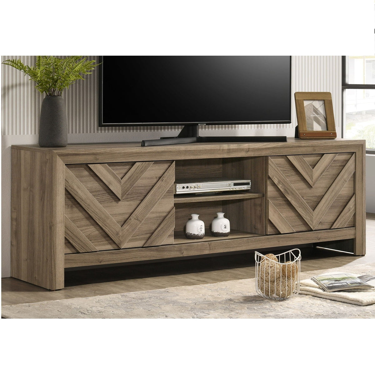 Chevron Patterned Living Room TV Stand with Sliding Doors - Light Brown, photo 3 of 4