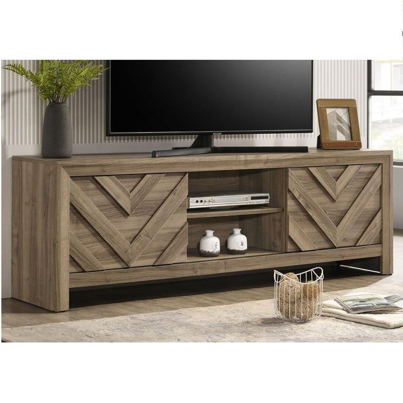Chevron Patterned Living Room TV Stand with Sliding Doors - Light Brown, photo 3 of 4