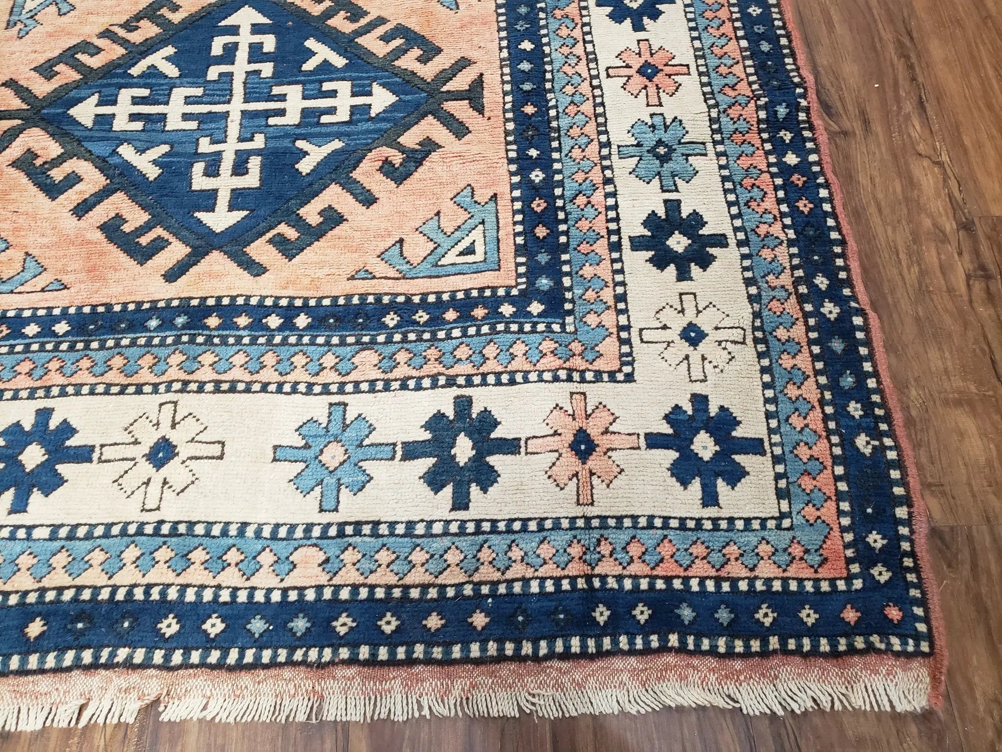 Turkish Kazak Rug 5x8 ft, Bold Geometric Bohemian Carpet, Blue and Ivory Hand Knotted Area Rug, Medium Sized High Quality Wool Oriental Rug by Jewel Rugs