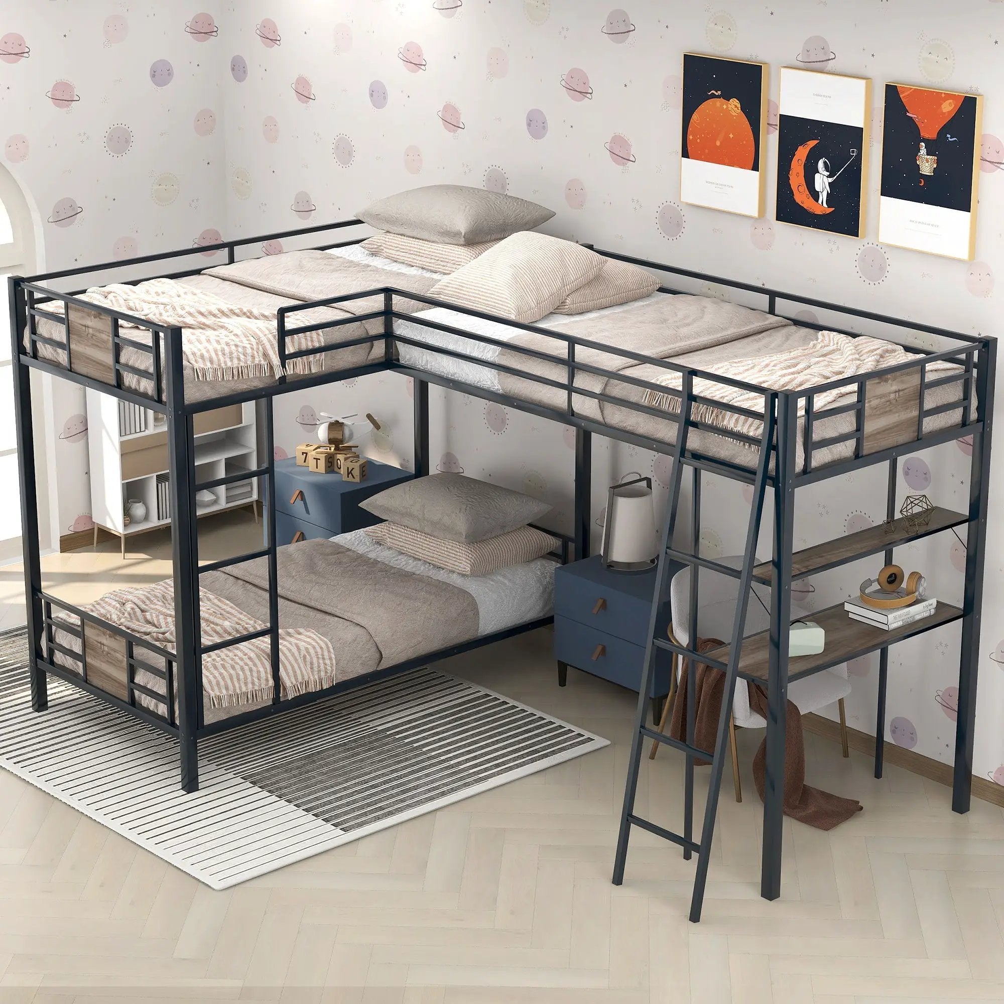 L-Shaped Twin Over Twin Bunk Bed With Twin Size Loft Bed With Desk And Shelf - Brown by Unique Piece Furniture