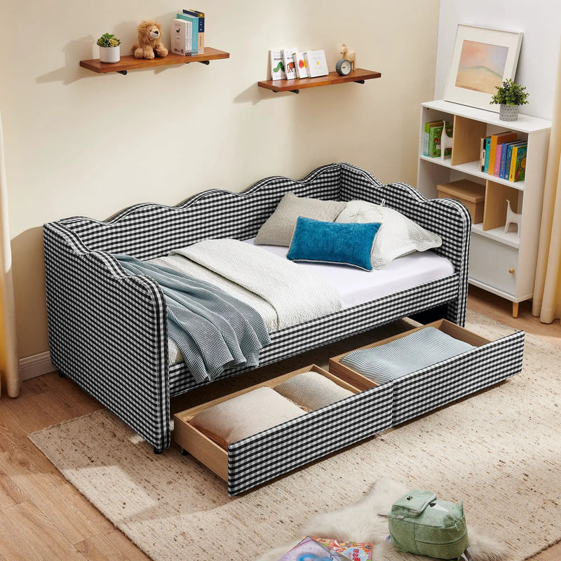 Gingham Daybed With USB Charging Port, Wave-Shaped Design by Unique Piece Furniture