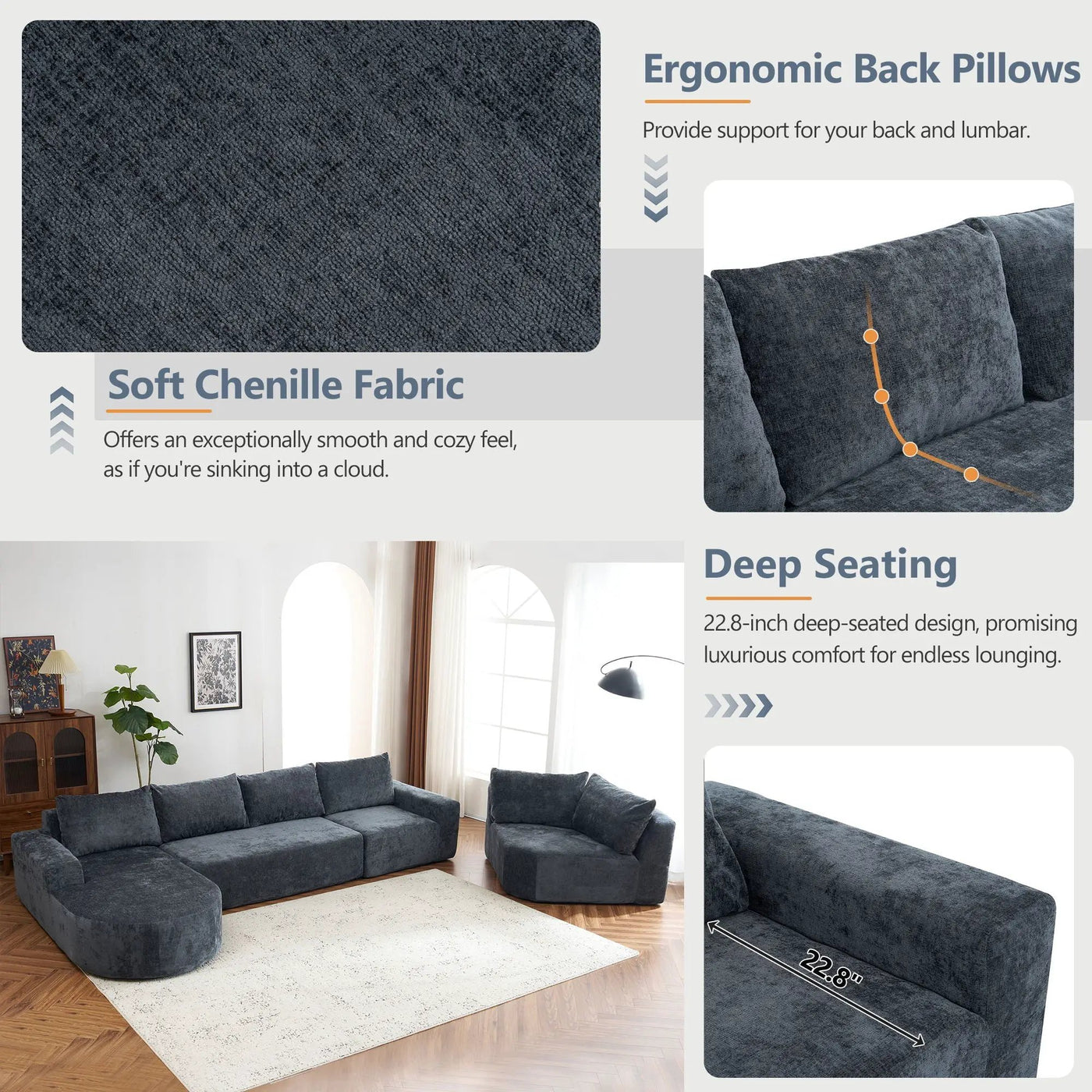 U-Shaped Oversized Modular Cloud Sectional Sofa With Deep Seat For Living Room by Unique Piece Furniture