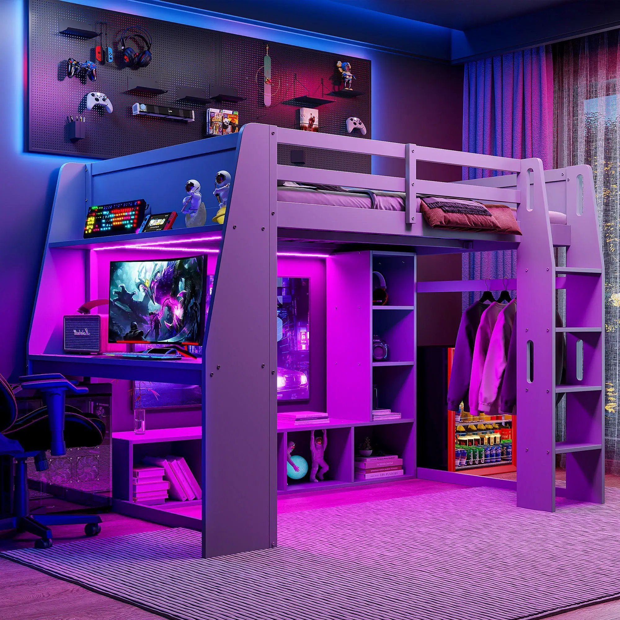 Gaming Loft Bed With Desk, Multi Storage Shelves, LED Lighting, And Hanging Clothes Rack by HouseOfZazla