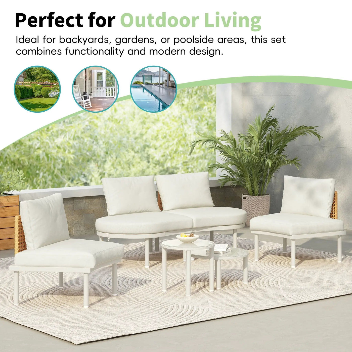 6 Piece Patio Set, Half Moon Outdoor Sectional Sofa With 2 High Low Coffee Tables, 4 Pillows & Cushions by HouseOfZazla