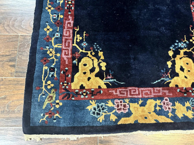 Antique Chinese Peking Rug 3x6, Dark Blue, Bird Motif, Handmade Wool Art Deco Asian Oriental Carpet, Pair A by Jewel Rugs
