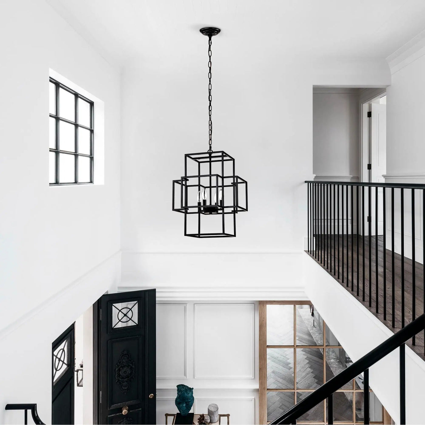 4 Light Metal Lantern Tiered Pendant Hanging Light Fixtures, Industrial Farmhouse Adjustable Height Chandeliers For Dining Room Hallway Foyer Entryway (E12 Bulbs Not Included) by HouseOfZazla