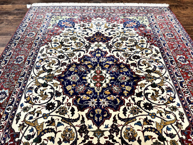 Wonderful Persian Isfahan Rug 7x9, Ivory Navy Blue Red, Floral Medallion, Very Finely Hand Knotted 260 KPSI, Handmade Wool Vintage Rug by Jewel Rugs