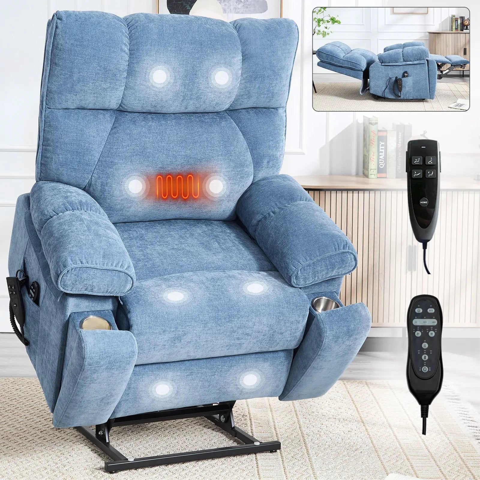 Blue Heat Massage Dual Motor Lift Recliner Chair by HouseOfZazla