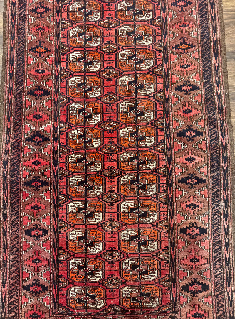 Antique Turkoman Rug 3.7 x 6.7, Red, Wool Runner Rug by Jewel Rugs