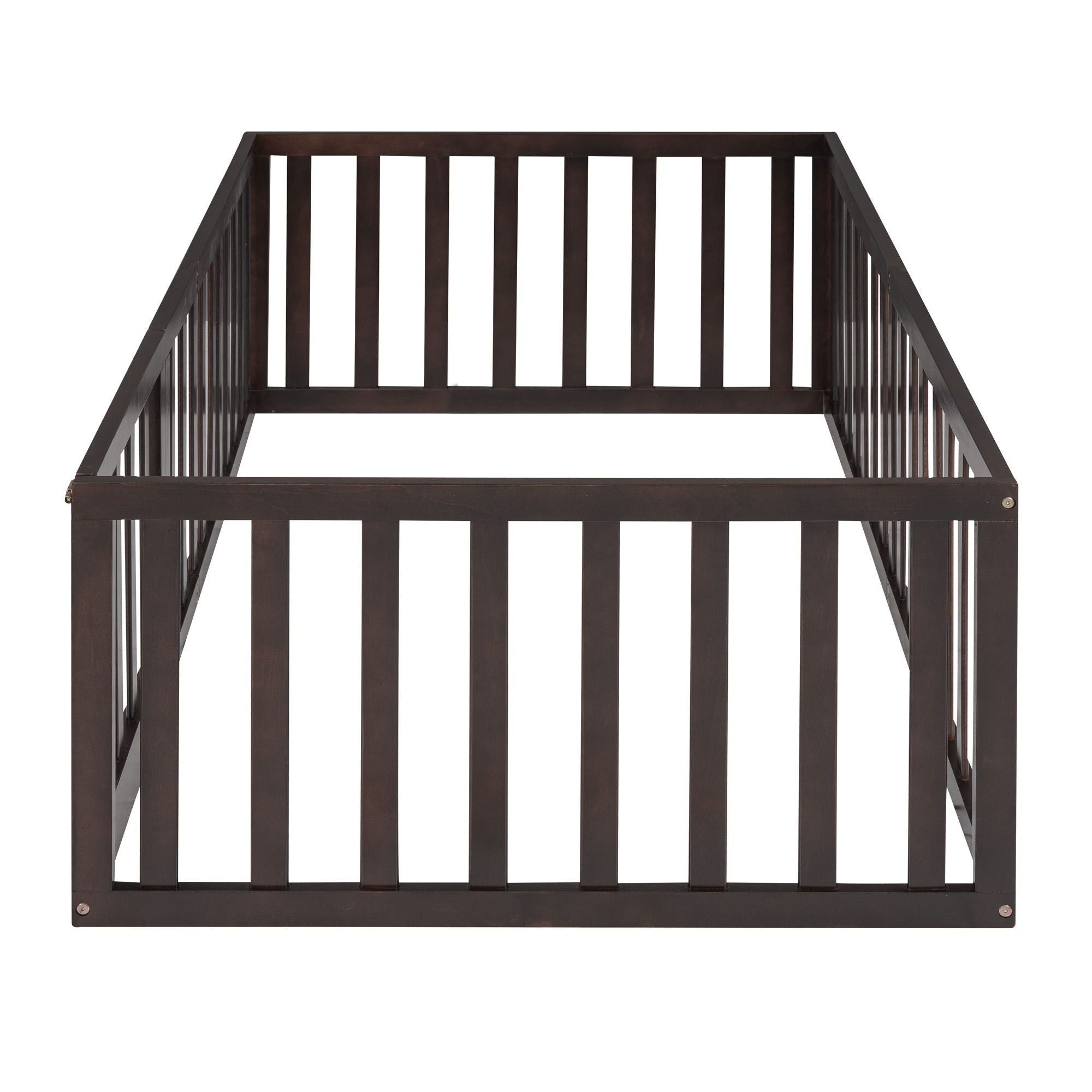 Twin Size Floor Bed Frame With Fence And Door - Walnut by HouseOfZazla
