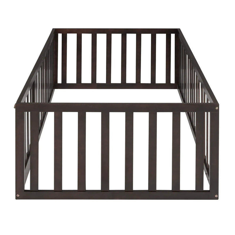 Twin Size Floor Bed Frame With Fence And Door - Walnut by HouseOfZazla